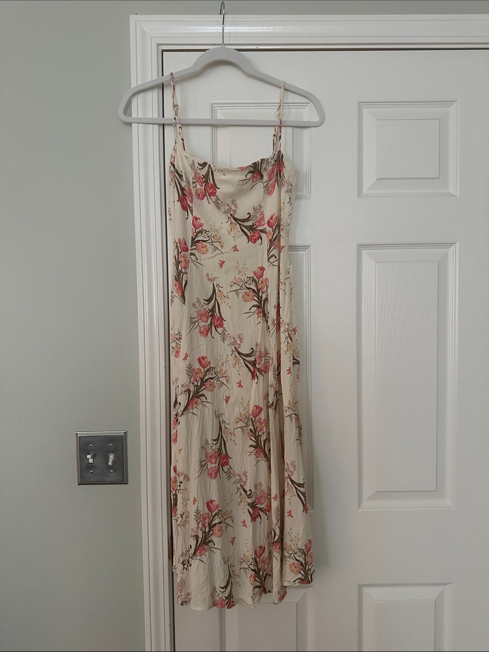 Reformation Cream Slip Midi Dress with Pink Floral Print